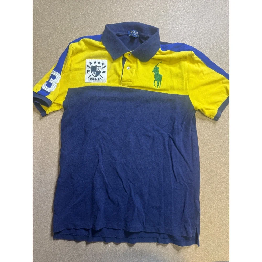Polo Ralph Lauren Boys XL 18-20 Big Pony Crest Colorblock Polo Shirt Yellow Navy